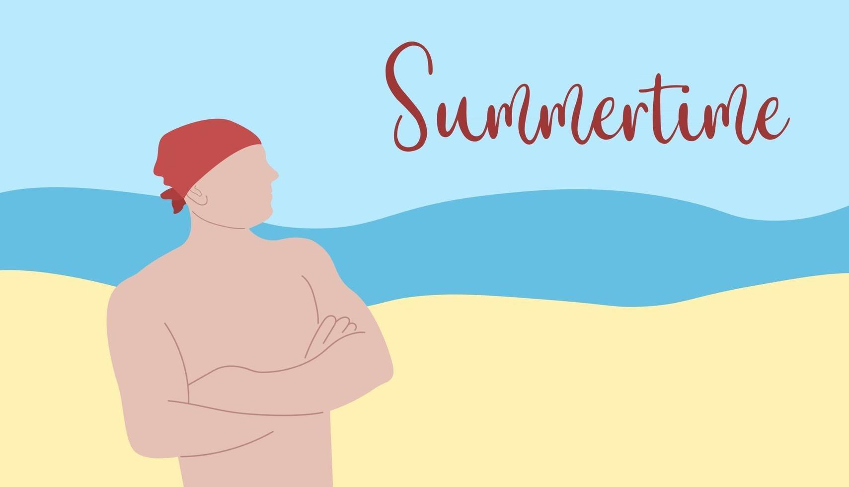 Summertime vector poster. Man in bandana with bare torso standing on beach by the sea. Summertime text