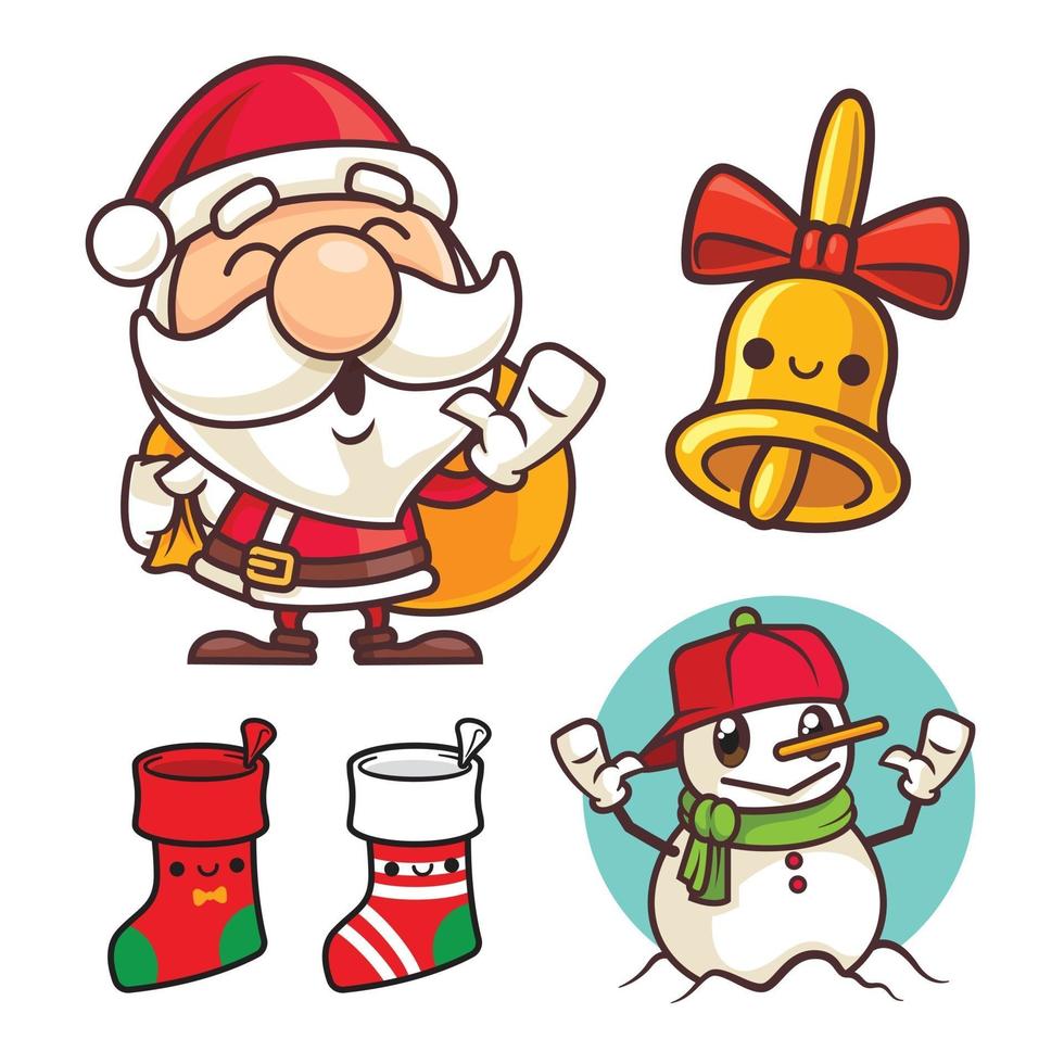 Merry Christmas cartoon characters with Santa Claus and friends vector