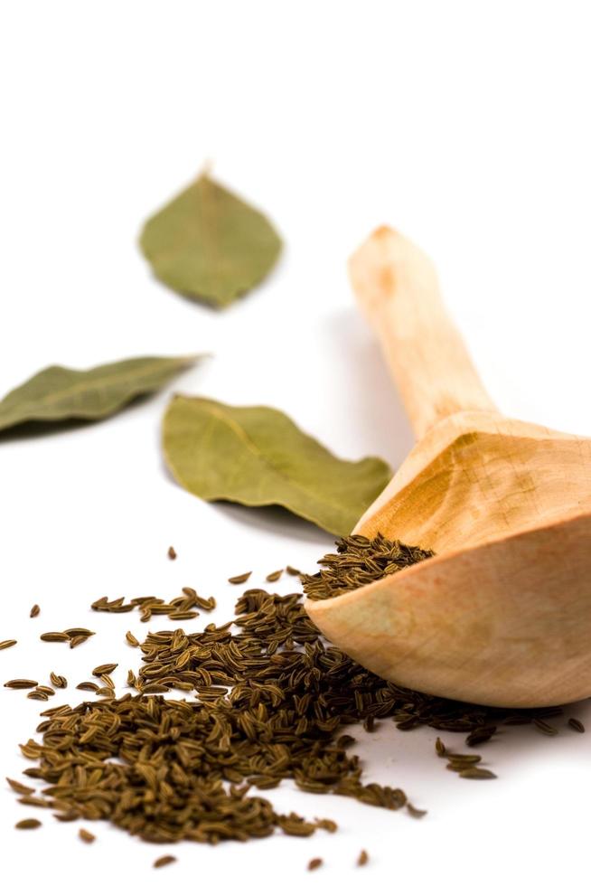 Cumin on wooden spoon and bay leaves photo