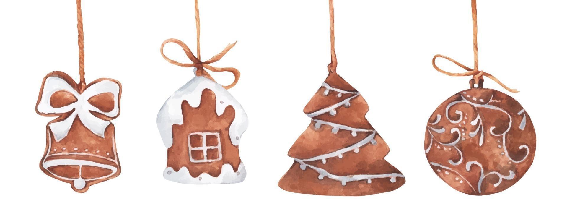 Set of Christmas gingerbread cookies. Watercolor illustration vector