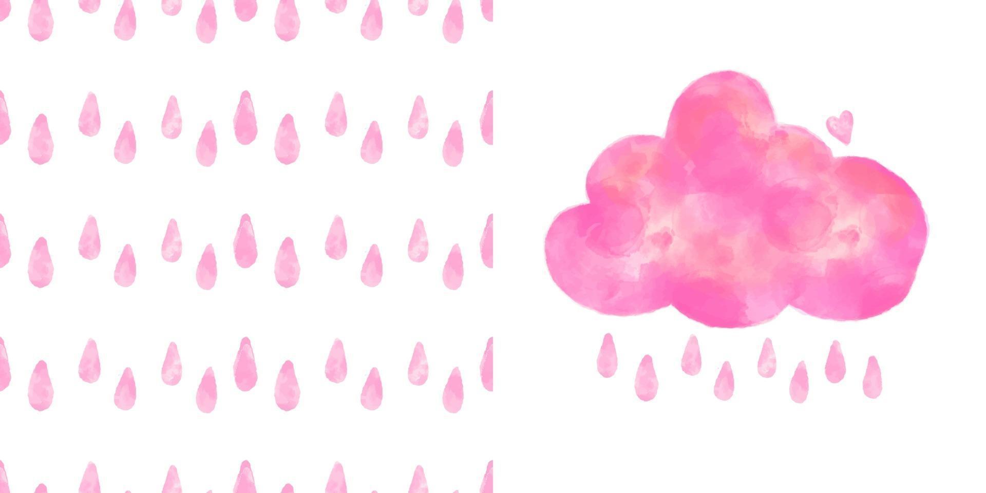 Vector set - pink watercolor cloud, raindrops seamless pattern