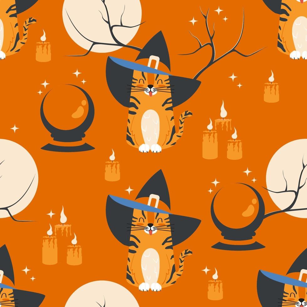 Seamless pattern with witch tabby cat, full moon and magic ball vector