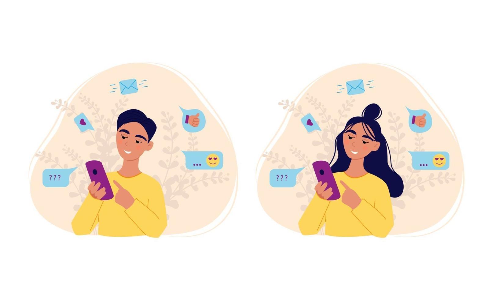 niña y niño con smartphone lee ilustración de vector de conjunto de mensajes