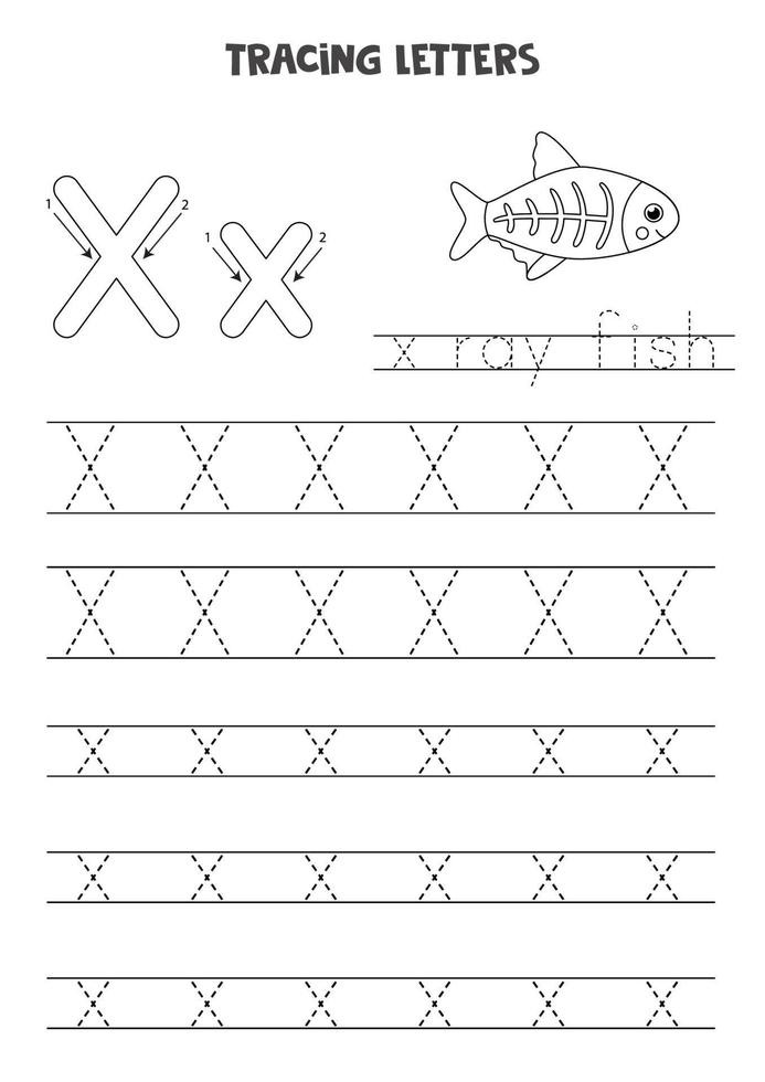 Tracing letters of English alphabet. Black and white worksheet. vector