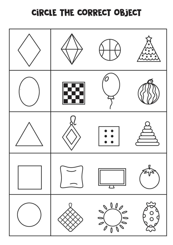 Black and white worksheet. Learning shapes. vector