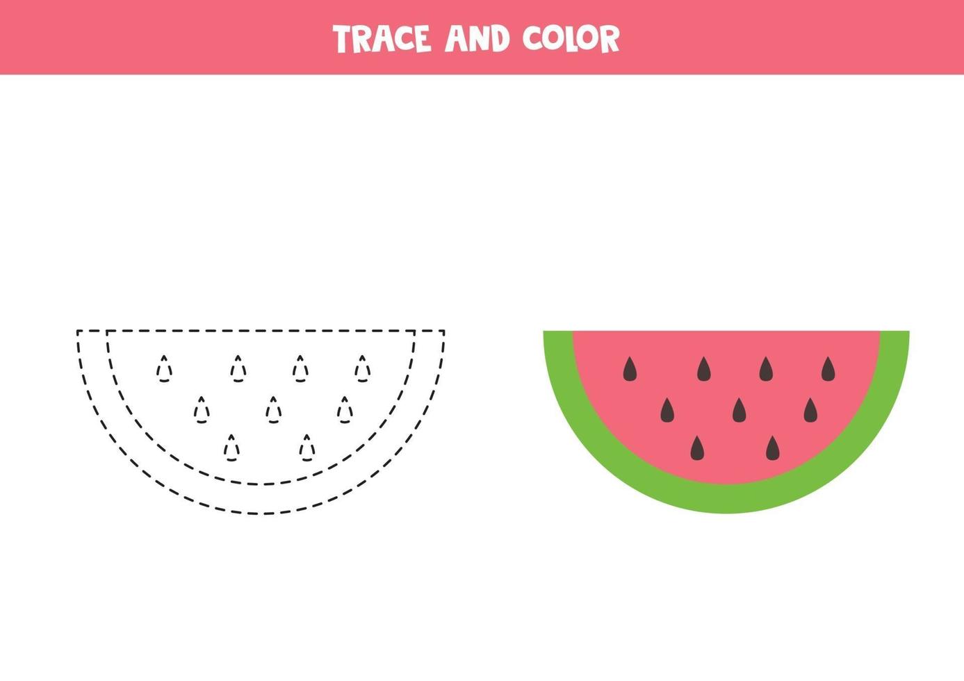 Trace and color watermelon. Worksheet for kids. vector