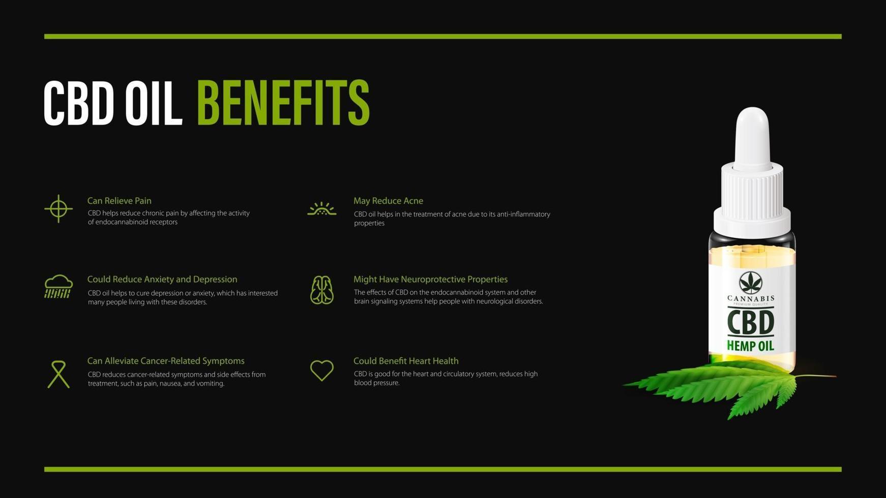 Benefits of use CBD oil, black poster design with infographic vector