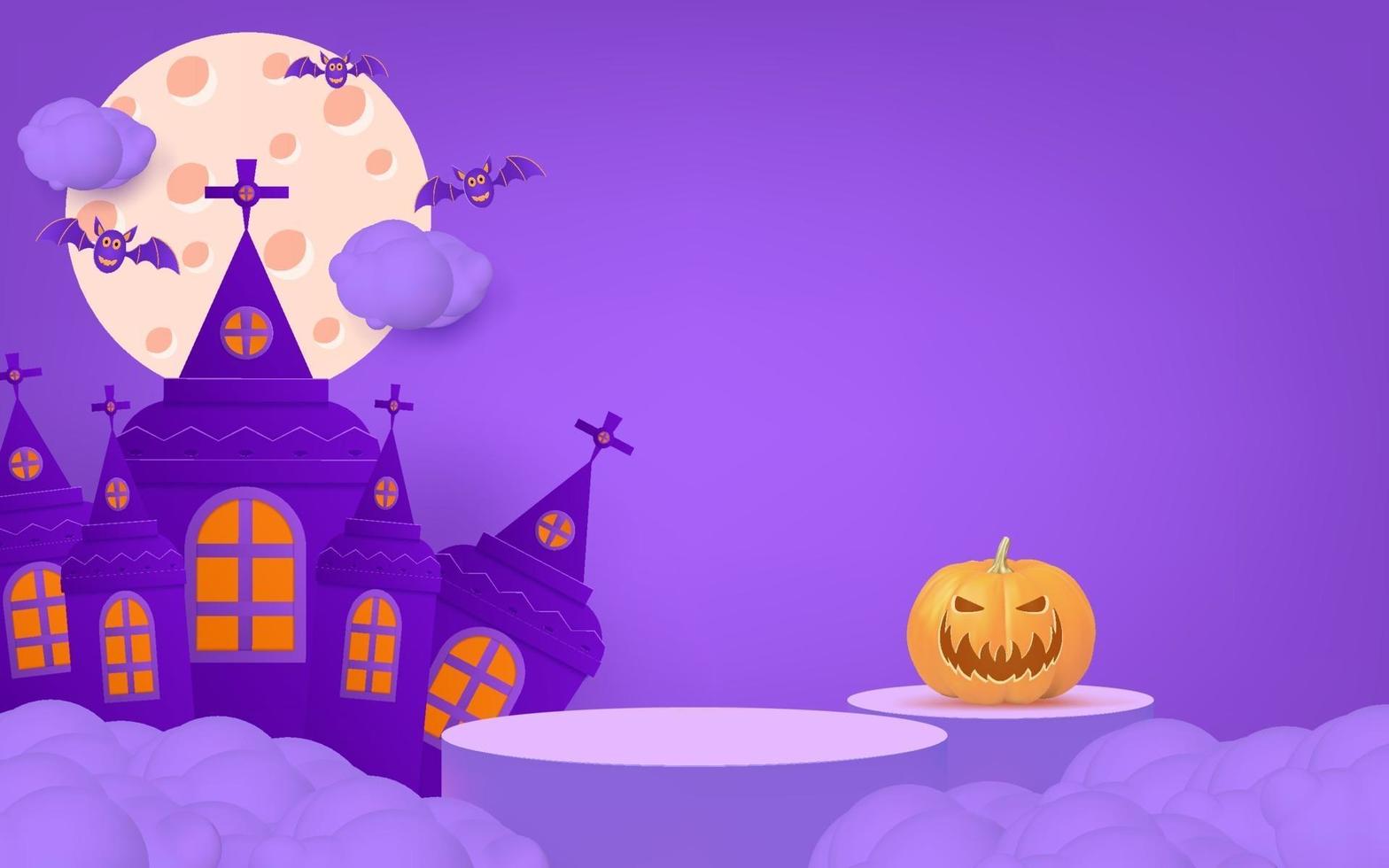 3d halloween banner with podium, pumpkin, bat. vector