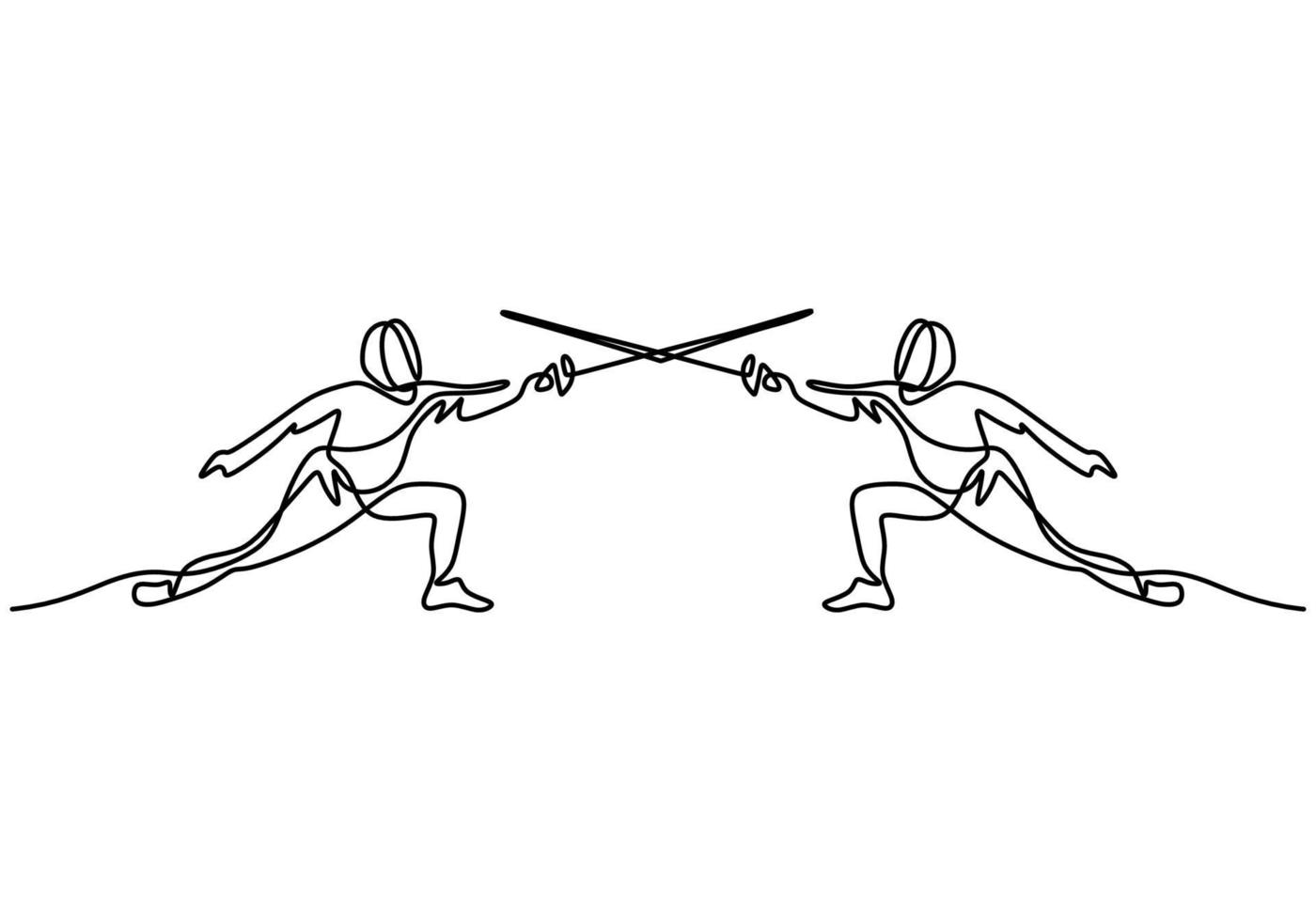 Continuous one line drawing of two man fencing athletes vector