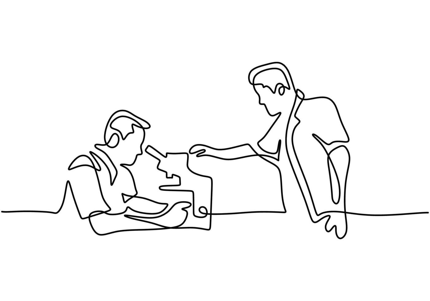 One continuous line drawing of two male scientist woman use microscope vector