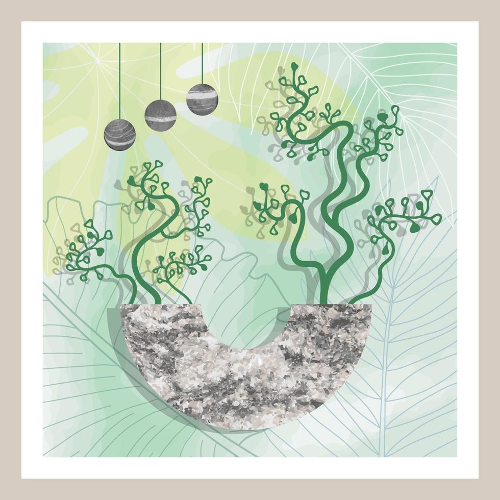 Natural abstract botanical art with stone and tropical leaves vector