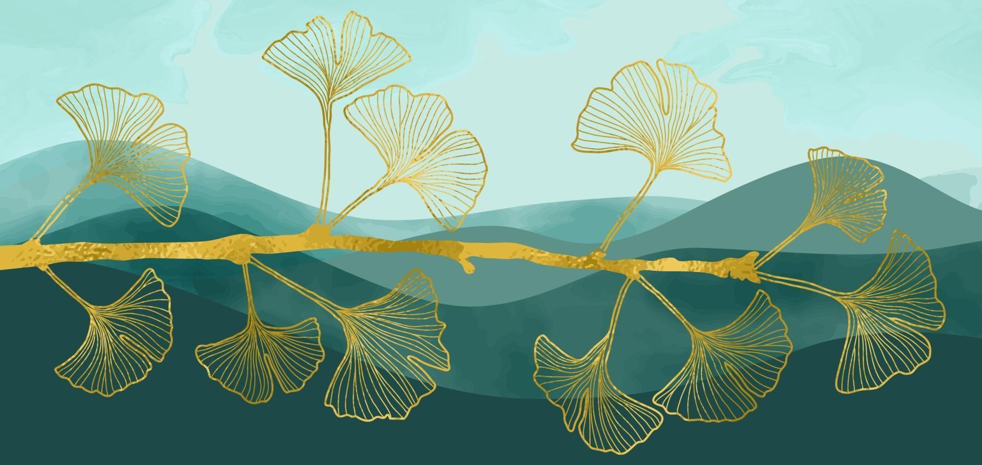 Banner de arte botánico abstracto natural con rama de ginkgo de lámina de oro vector