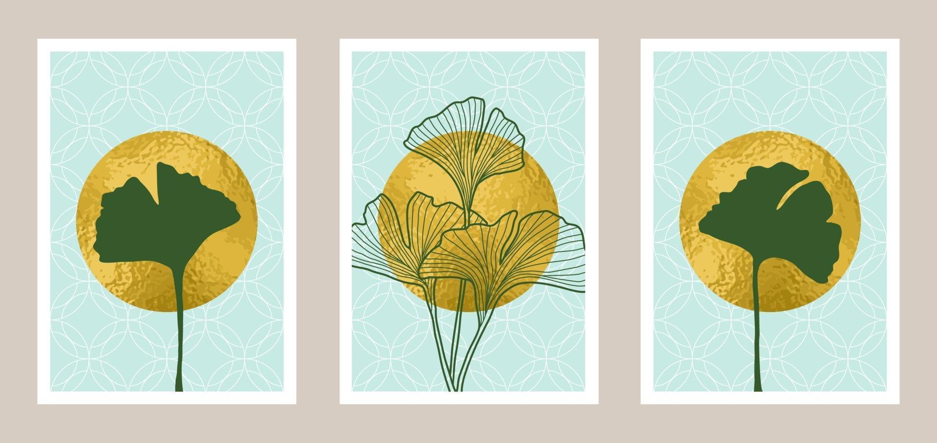 Natural abstract botanical art set with gold foil element vector