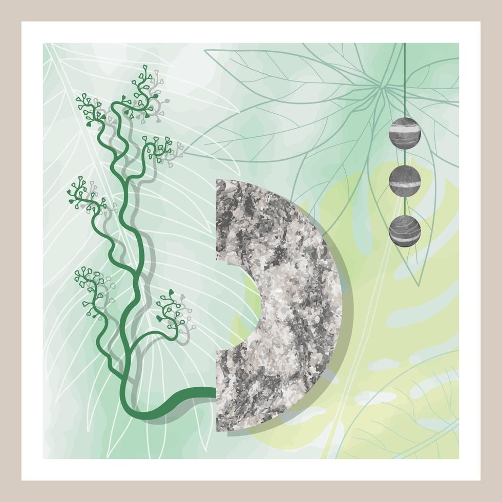 Natural abstract botanical art with stone and tropical leaves vector