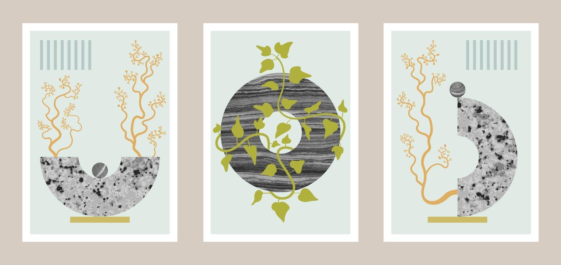 Natural abstract botanical art set with stones vector