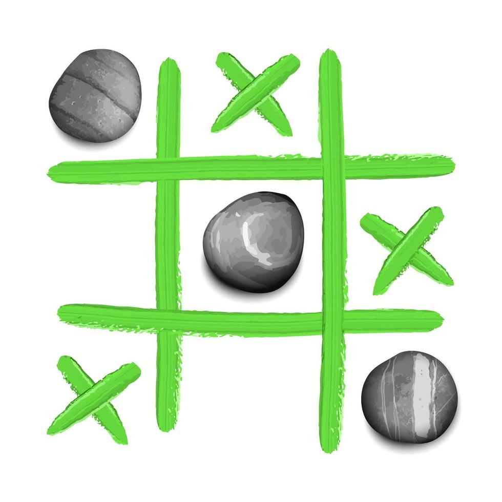 Juego de tic tac toe con piedras y estampado de camiseta de trazos de pintura al óleo vector