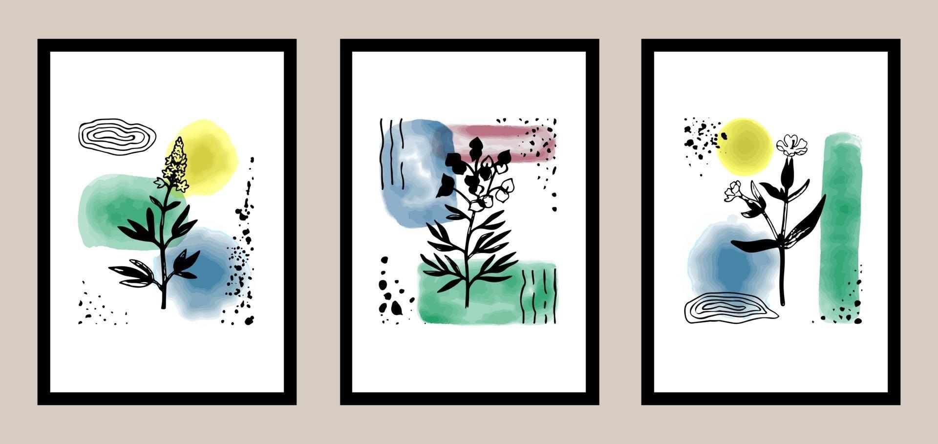 Natural abstract botanical art set with watercolor elements vector