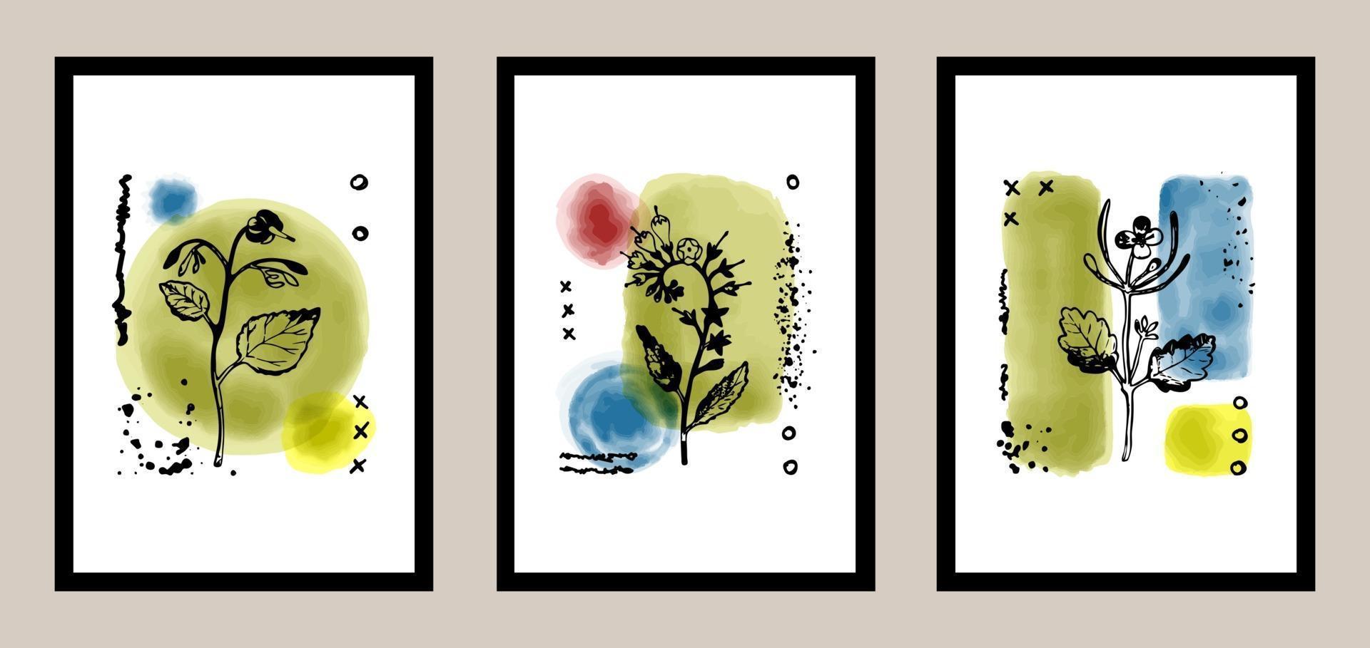 Natural abstract botanical art set with watercolor elements vector