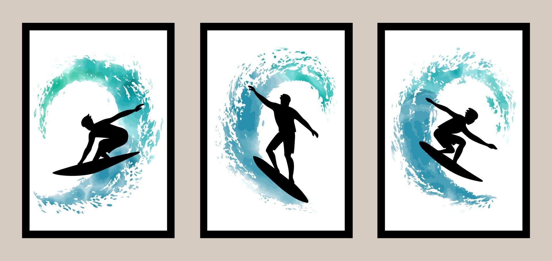 Surfing lineart set with watercolor elements. Vector illustration