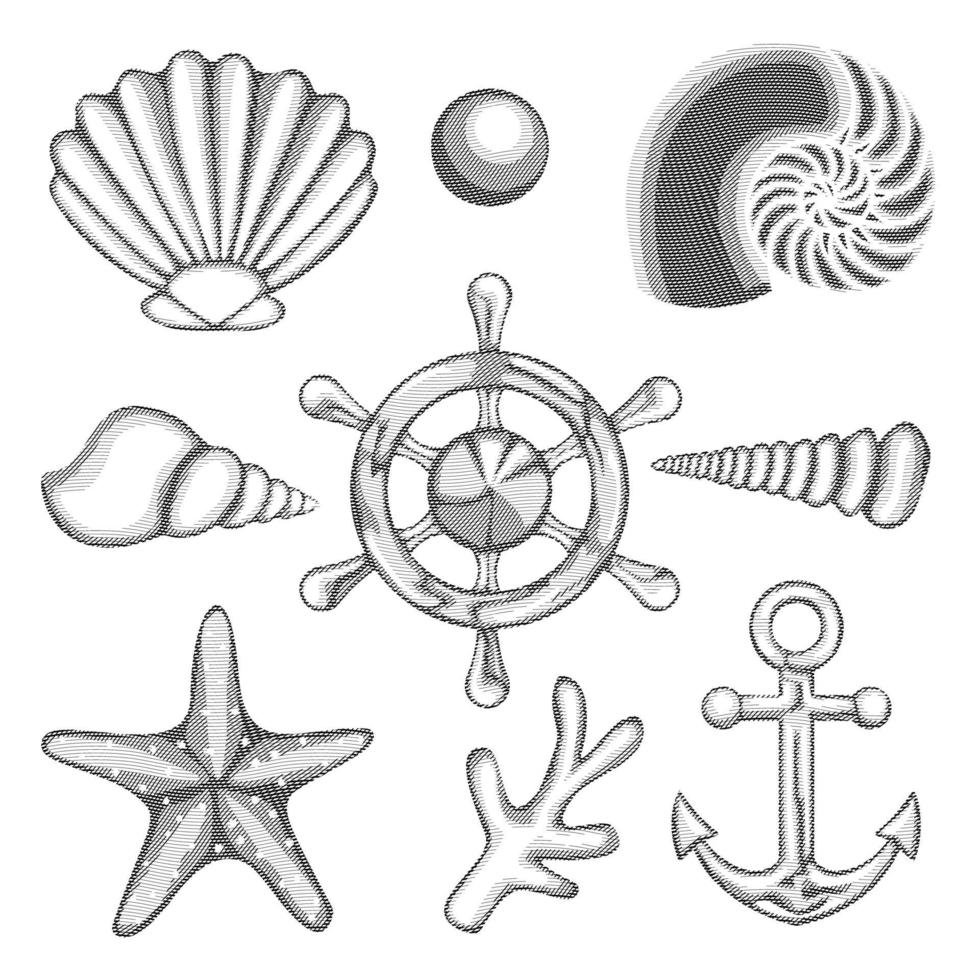 Hatched drawing vector sea set