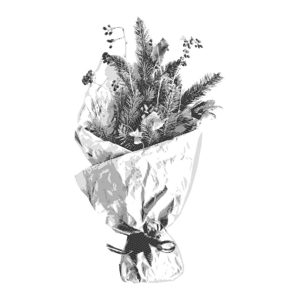 Vector hatching drawing with Winter Bouquet. Vintage illustration.