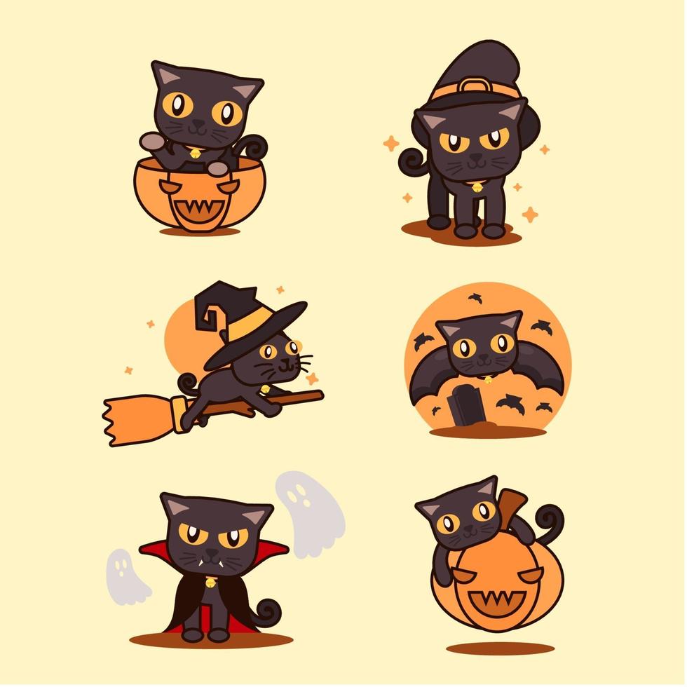 linda colección de personajes de gato negro de halloween vector