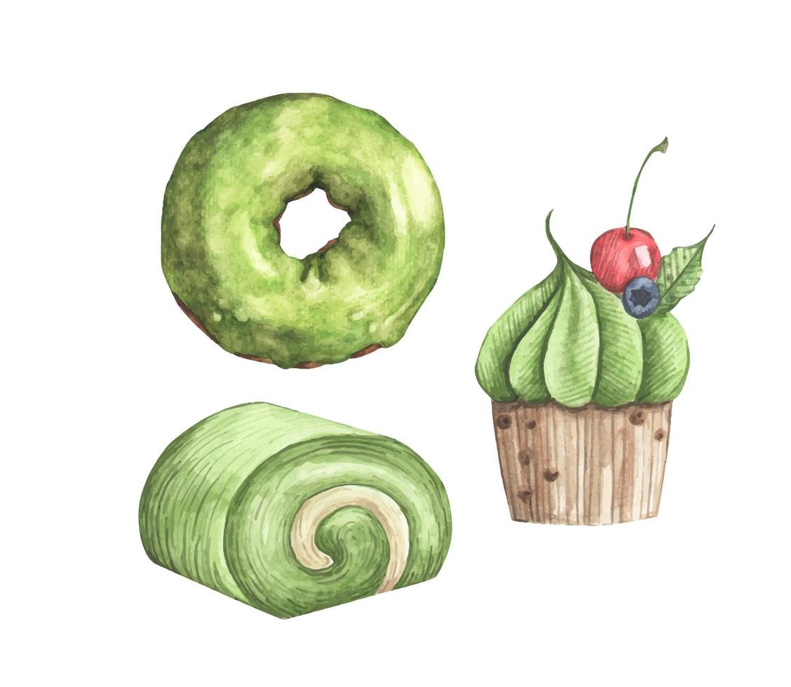 Set of Matcha desserts. Watercolor illustration. vector