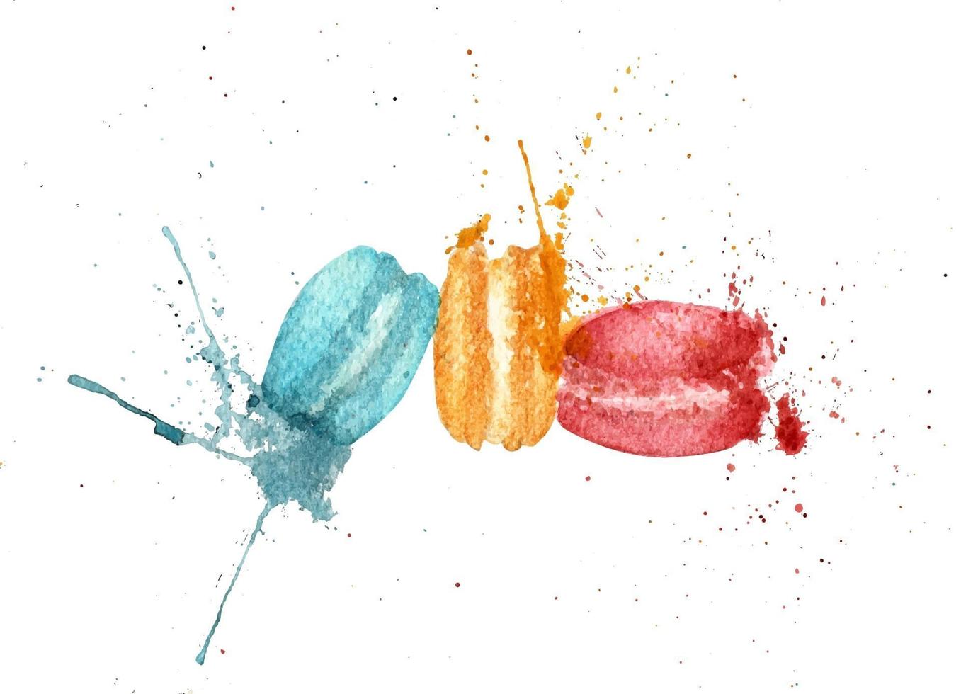 tres macarons con salpicaduras, Ilustración de comida acuarela. vector