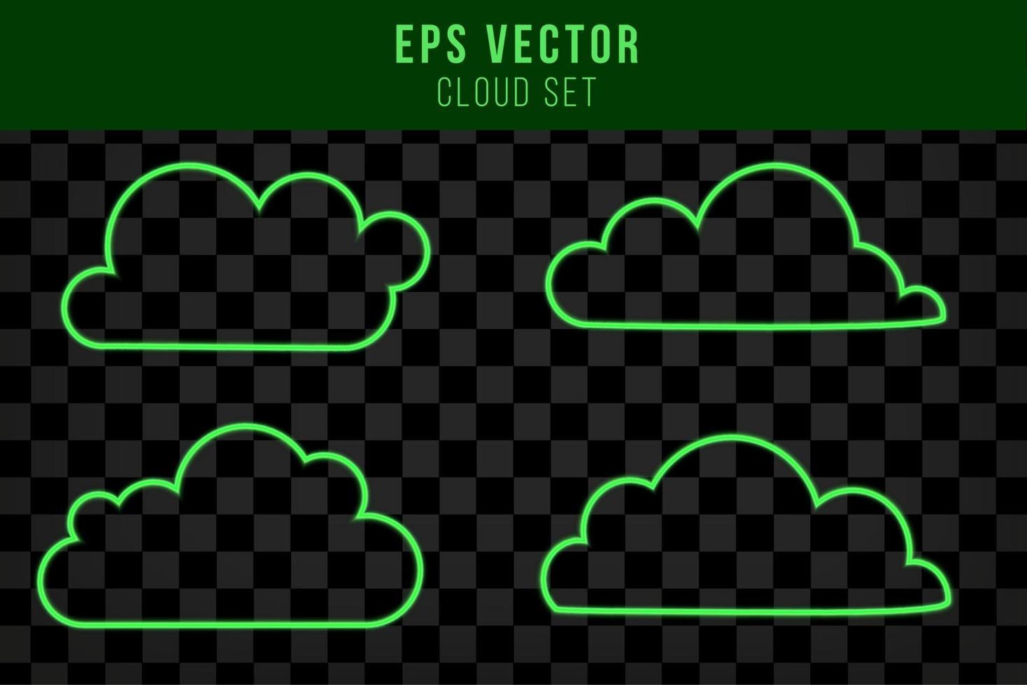 Set of isolated cloud with green neon effect illuminated editable vector