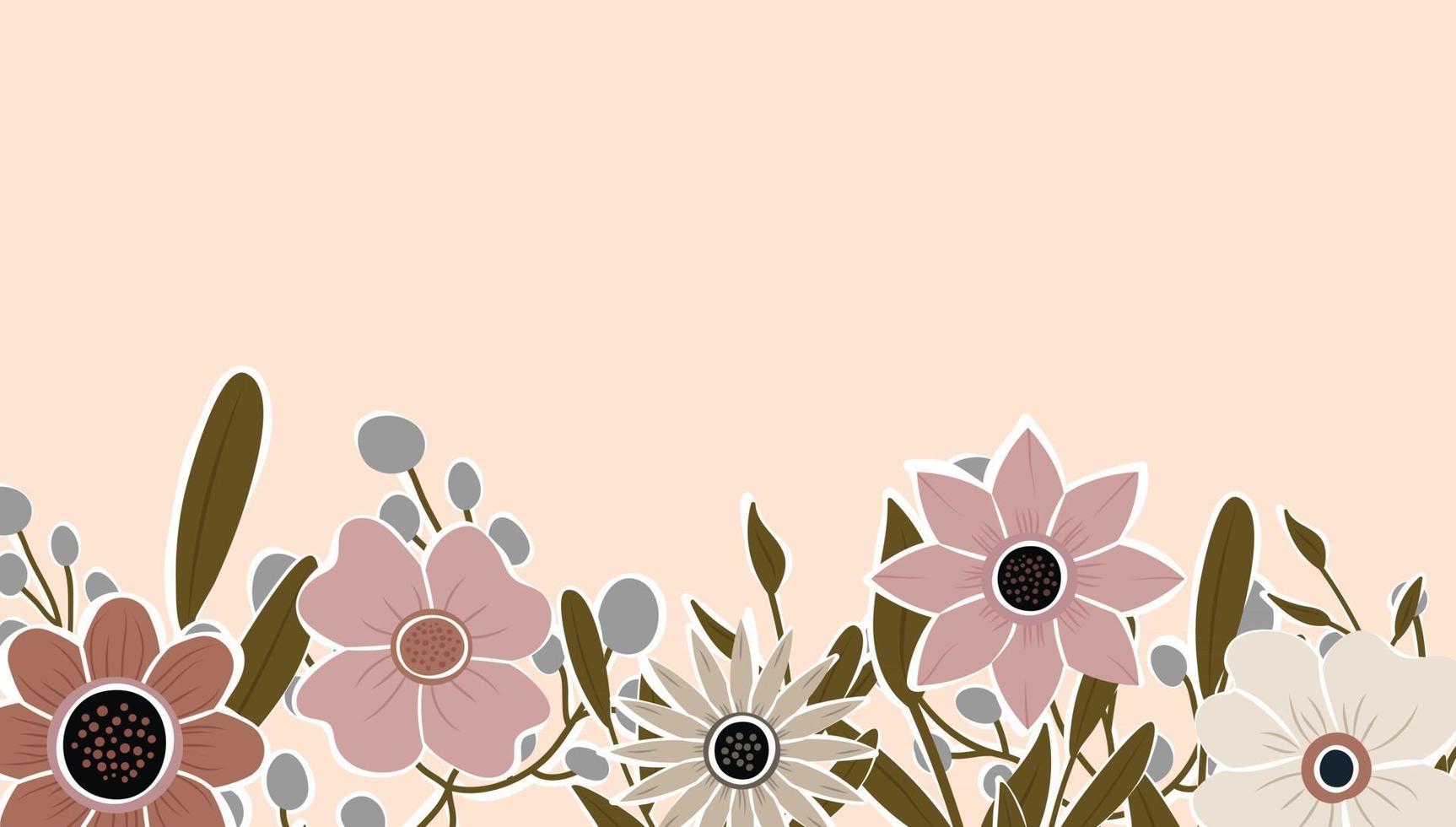 Horizontal backdrop decorated with blooming flowers and leaves border. vector