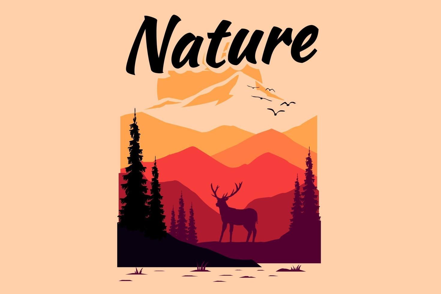T-shirt design of nature mountain deer summer sunset vector