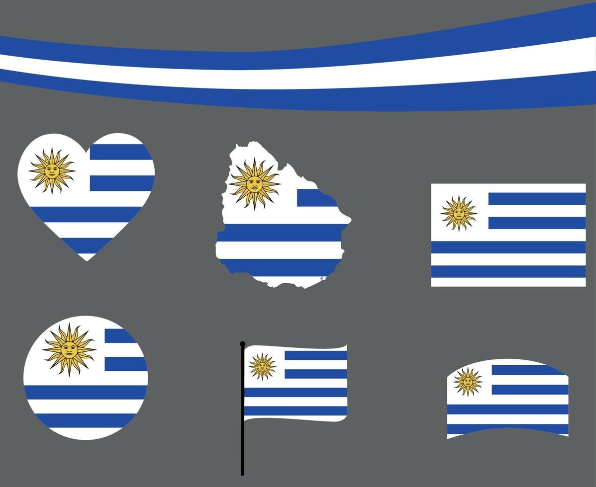 Uruguay Flag Map Ribbon And Heart Icons Vector Illustration Abstract