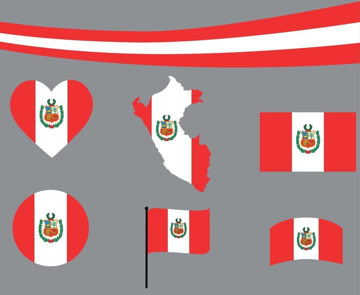 perú, bandera, mapa, cinta, y, corazón, iconos, vector, ilustración, extracto vector