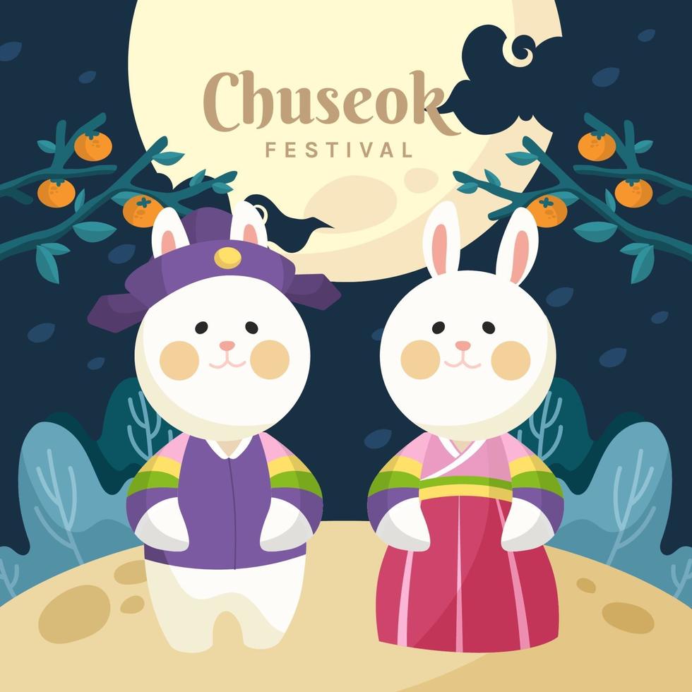 un par de conejitos sonrientes vestidos con chuseokbim vector