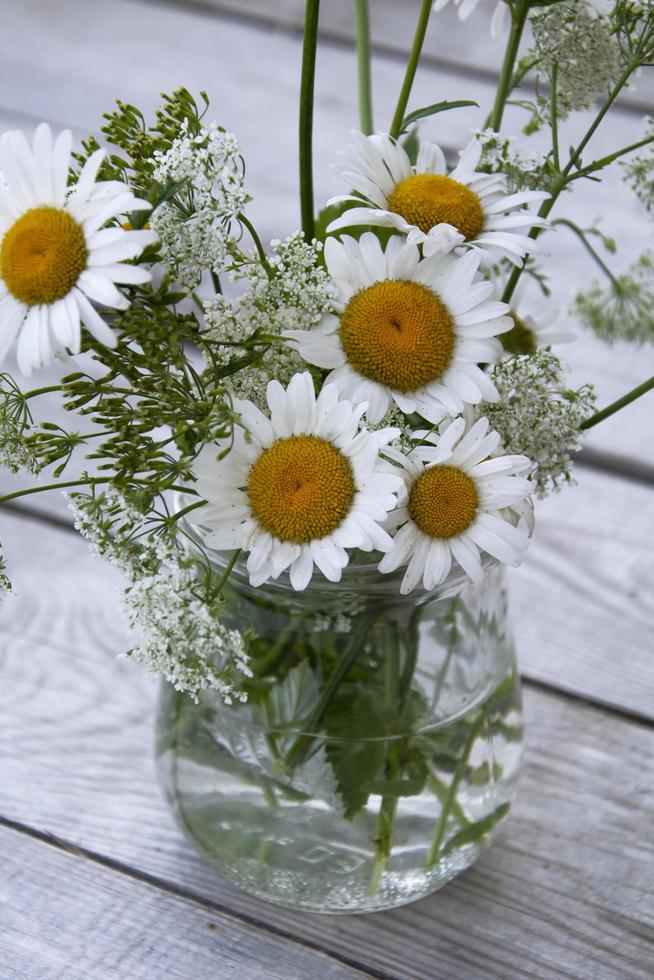 Chamomile close-up. A bouquet of daisies in a glass vase. photo