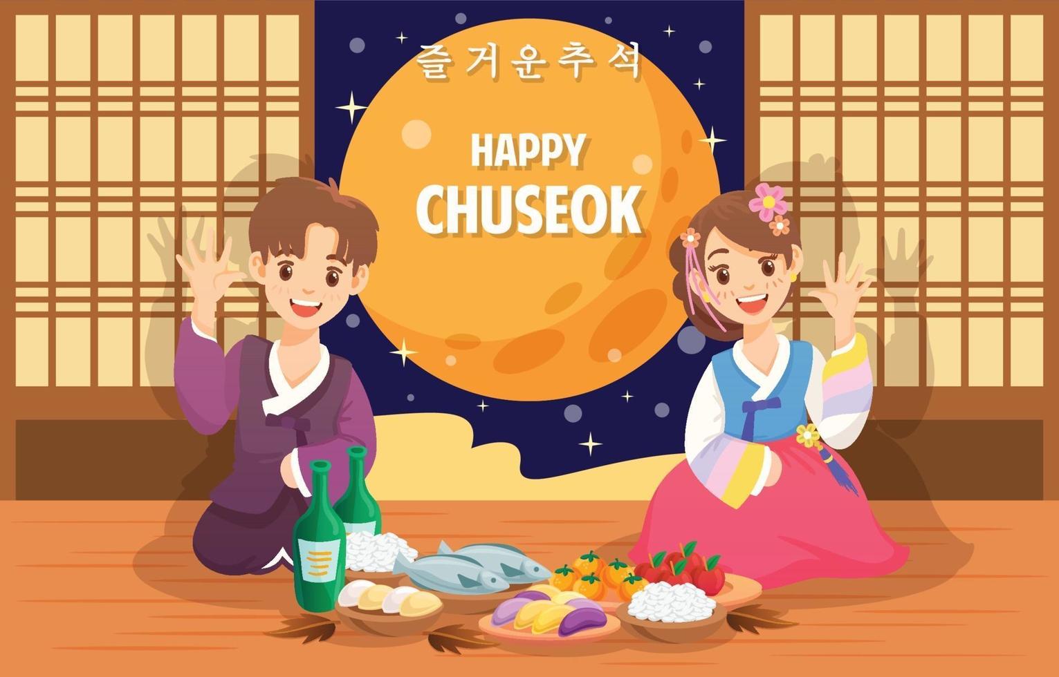 linda pareja celebra el día de chuseok vector