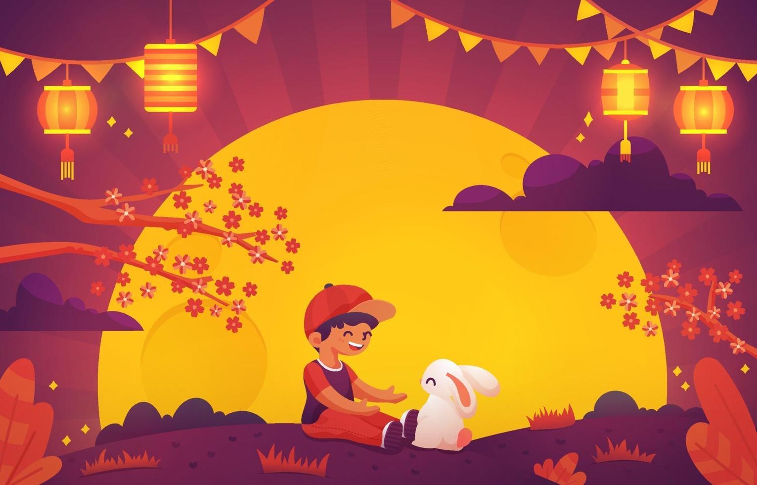 Kid Play with Rabbit during Mid Autumn Festival vector