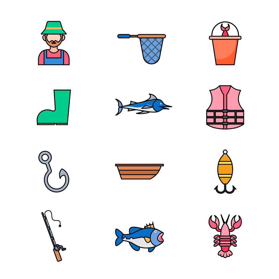 paquete de iconos de actividad de pesca de verano vector