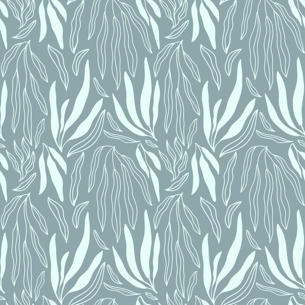 Minimalist seamless pattern with blue green palm branch and leaves doodles vector