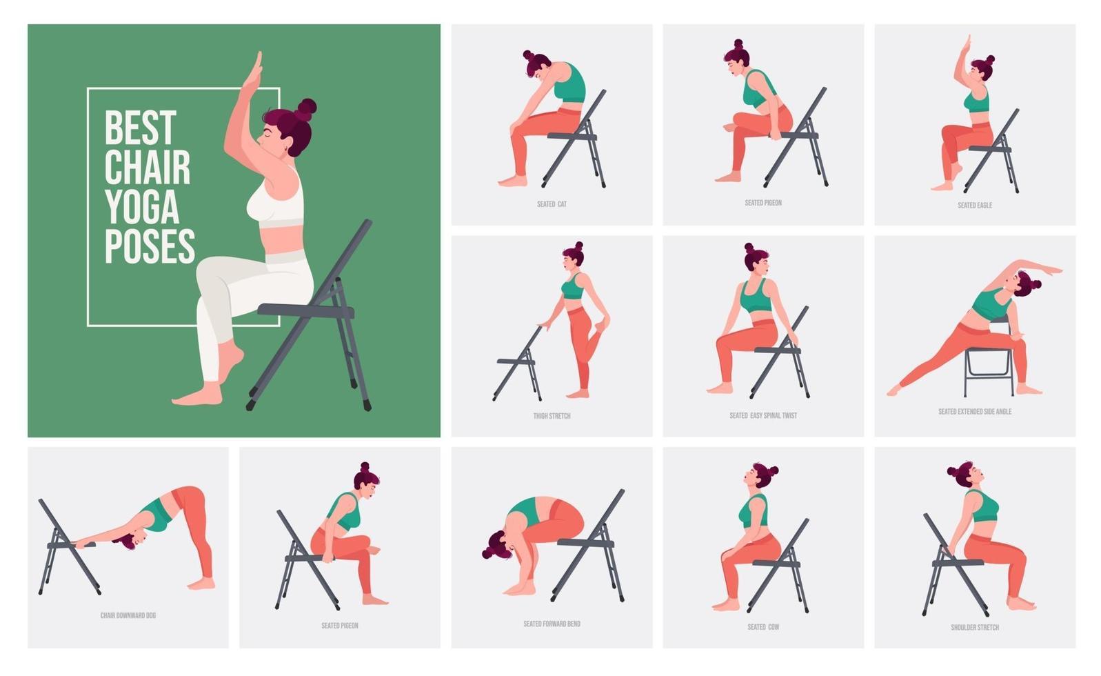 posturas de yoga en silla. mujer joven practicando posturas de yoga. vector