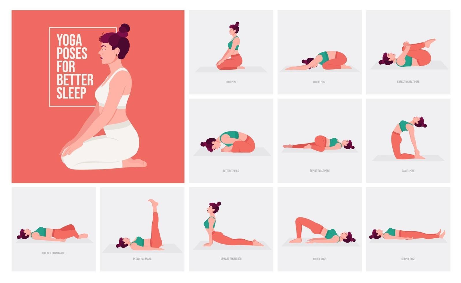 posturas de yoga para dormir mejor. mujer joven practicando posturas de yoga. vector