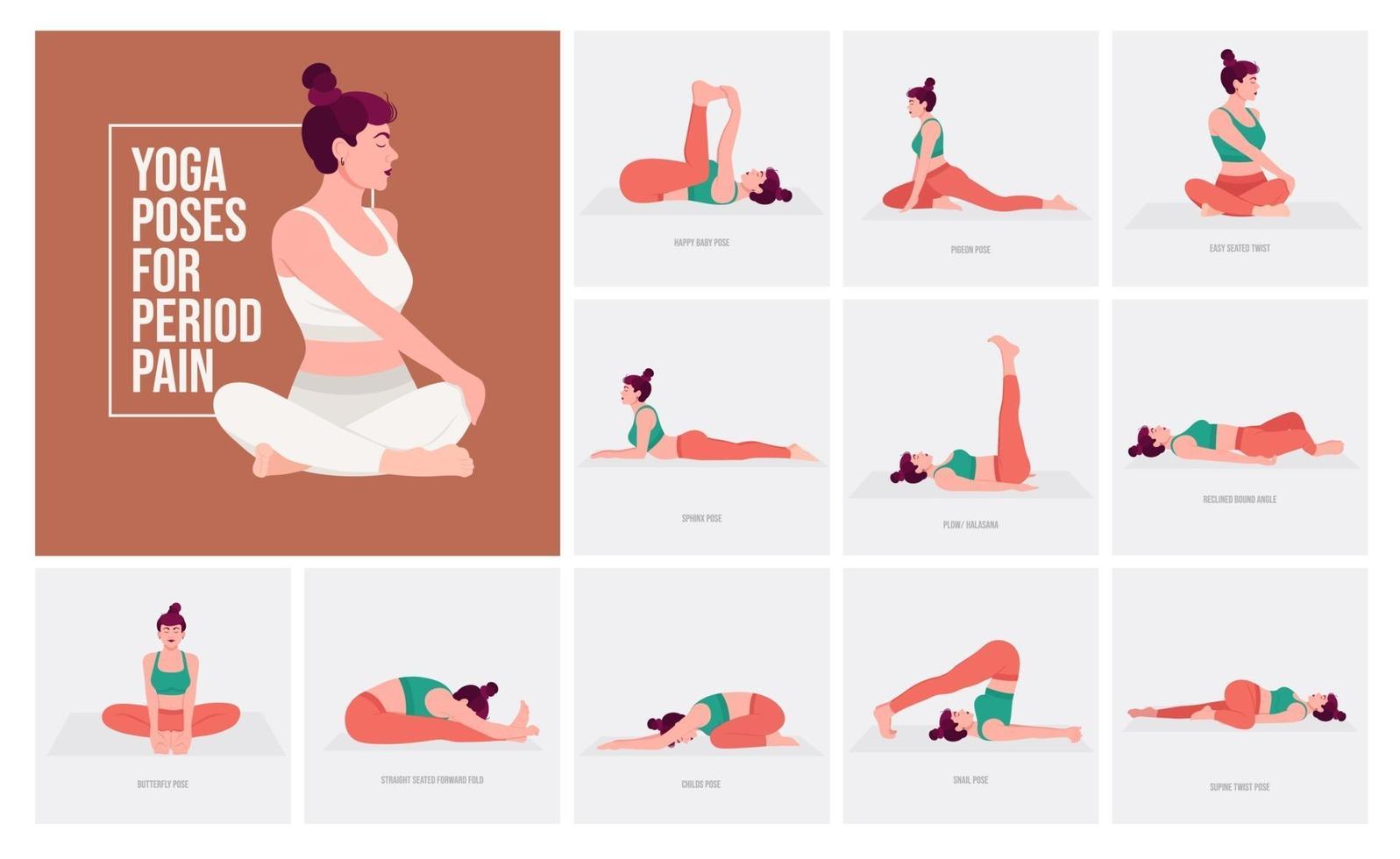 posturas de yoga para el dolor menstrual. mujer joven practicando posturas de yoga. vector