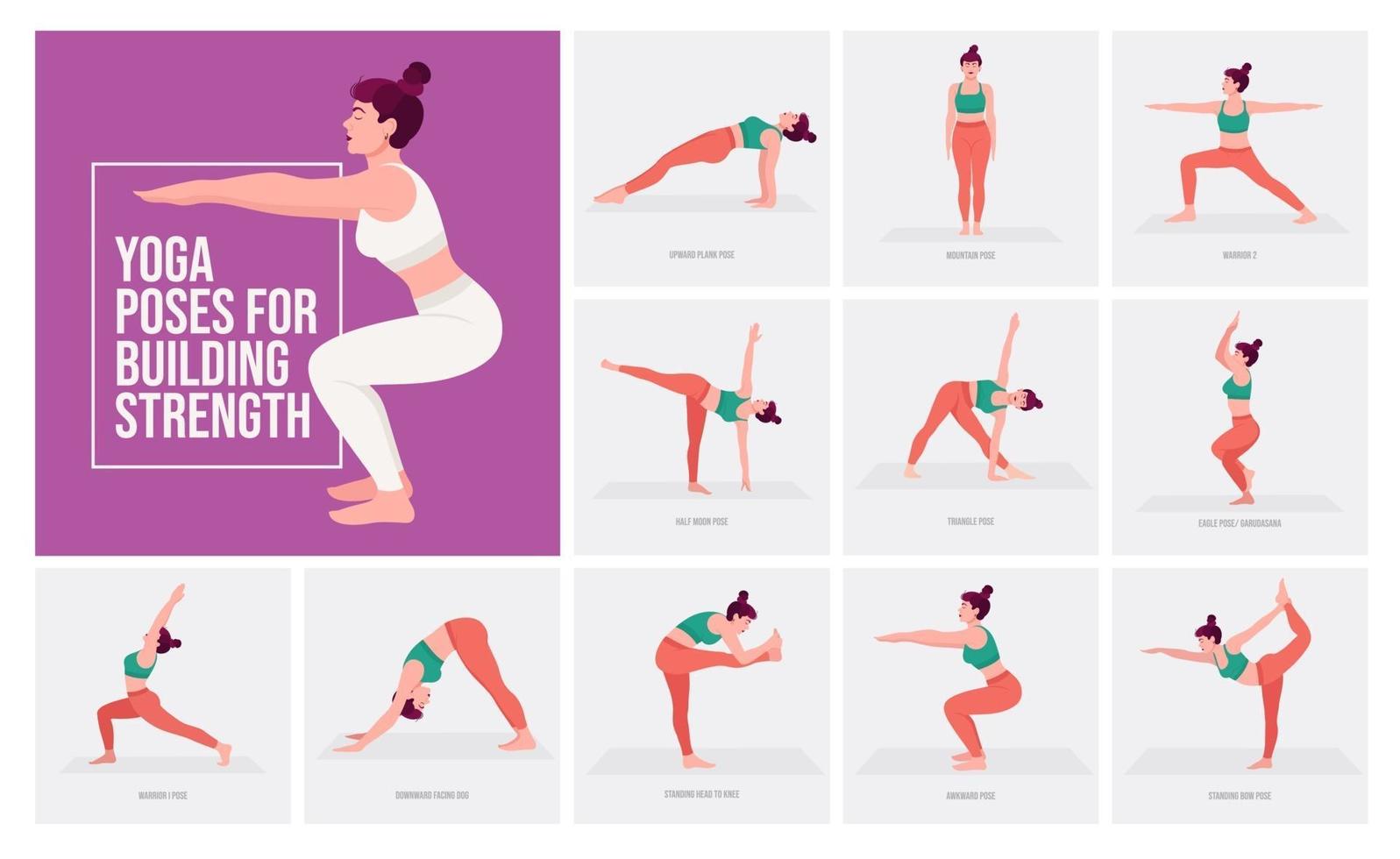 posturas de yoga para desarrollar fuerza. mujer joven practicando posturas de yoga. vector