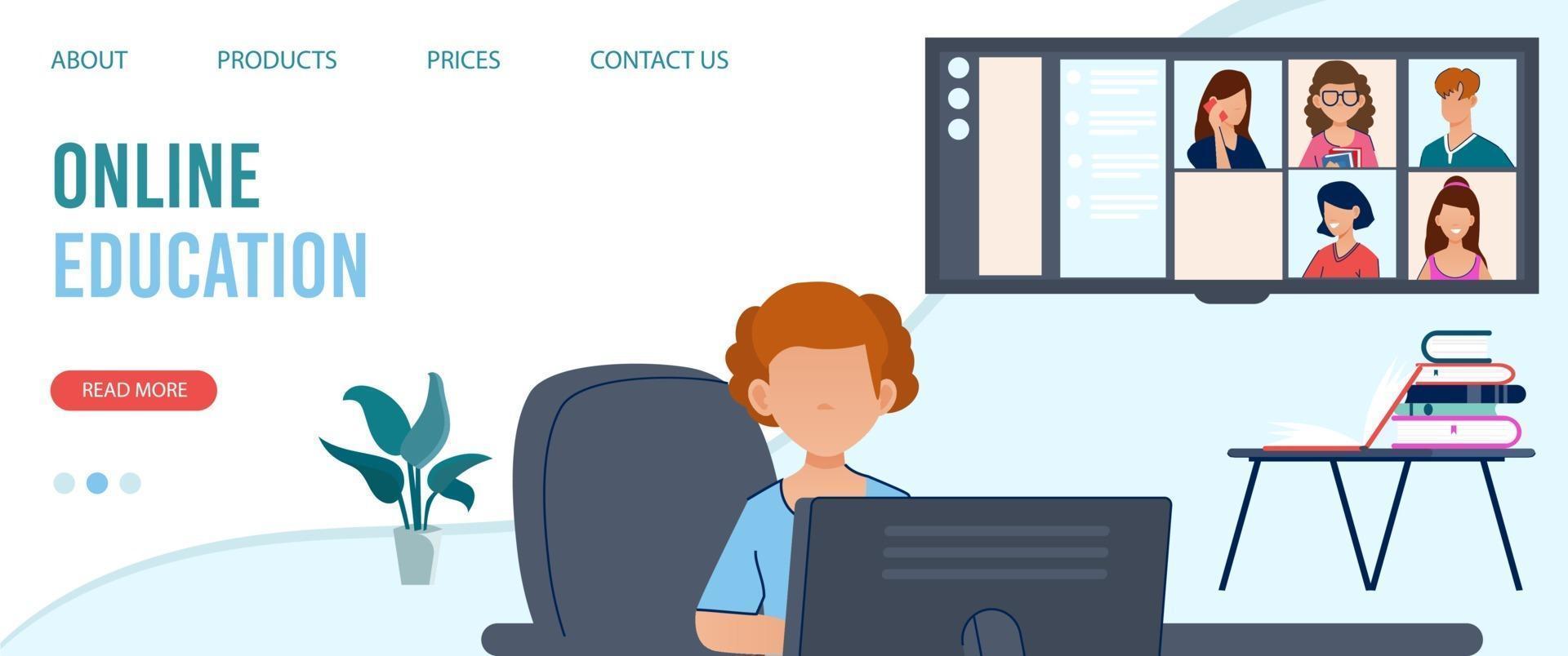 Child sits computer studying home online reading homeschooling. vector
