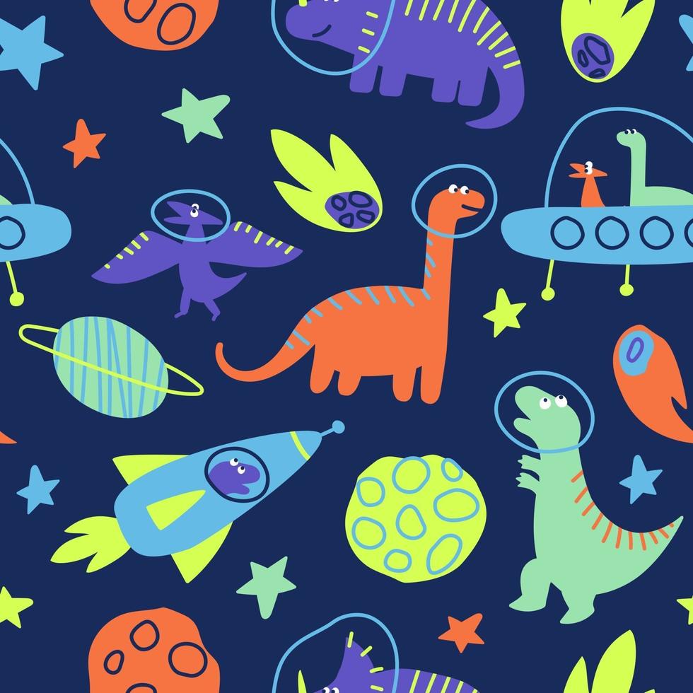 Seamless pattern of dinosaurs traveling in space vector