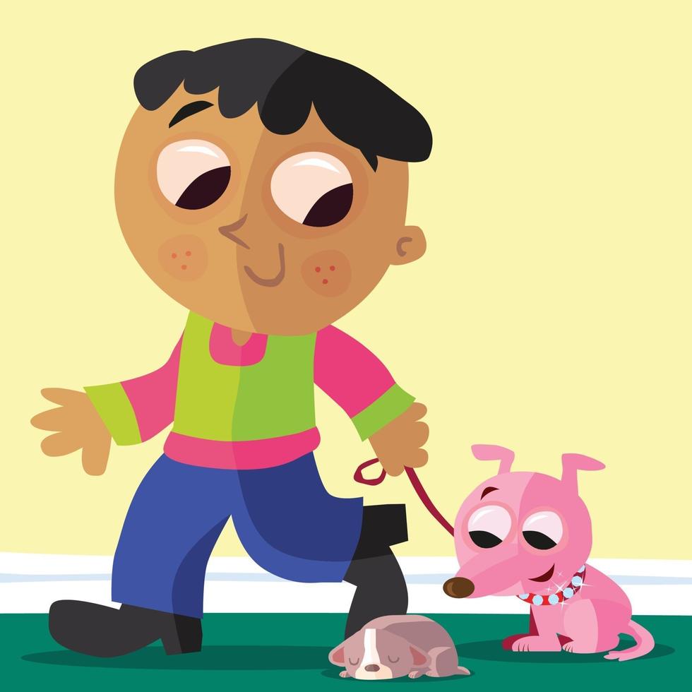 Boy walking his dog and a puppy sleeping on the living room floor vector