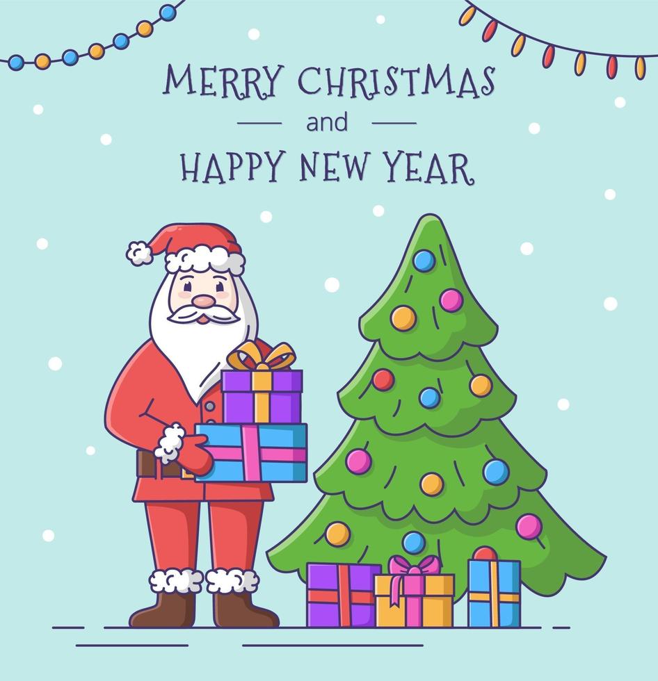 Merry Christmas and Happy New Year card with Santa Claus. vector