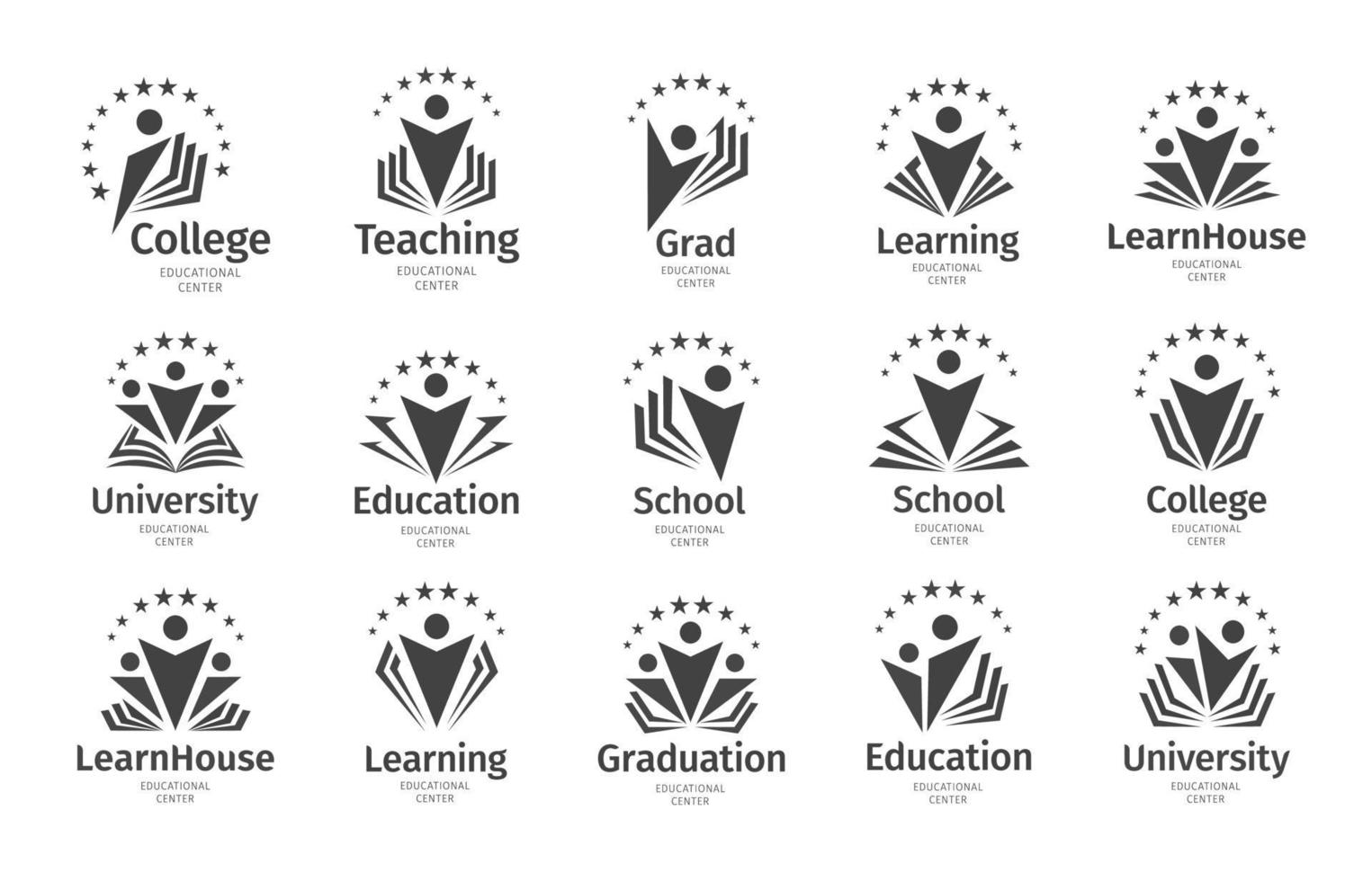 Educación y aprendizaje conjunto de logotipos, libros universitarios y escolares. vector