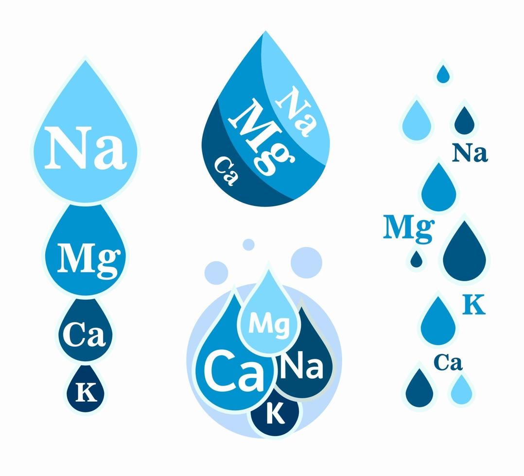 conjunto de icono de agua mineral. Gotas azules con designaciones minerales. vector