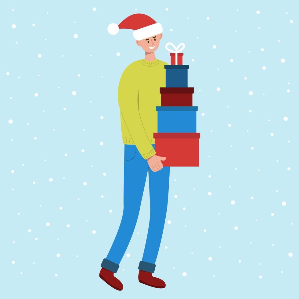 Smiling man in Santa hat carrying stack of gift boxes vector